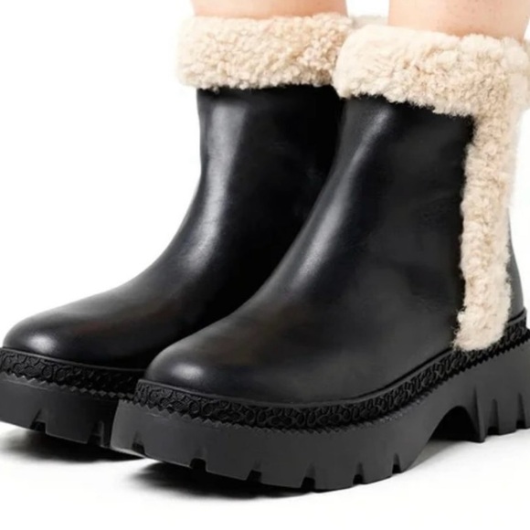 Coach Jane Black & Natural Leather Bootie Fur Trim Side Zip Women’s Size 9.5 New - Picture 8 of 13